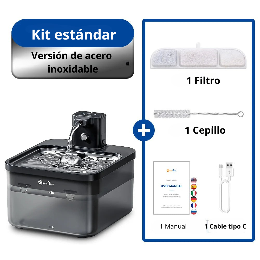 Downypaws Fuente De Agua Automática Para Gatos De Acero Inoxidable De 2,5 L, Bebedero Inalámbrico Para Mascotas De 4000 Mah, Batería Y Sensor, Dispensador 2 En 1