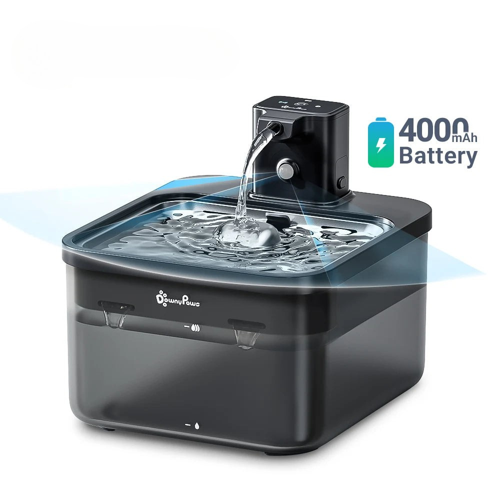 Downypaws Fuente De Agua Automática Para Gatos De Acero Inoxidable De 2,5 L, Bebedero Inalámbrico Para Mascotas De 4000 Mah, Batería Y Sensor, Dispensador 2 En 1