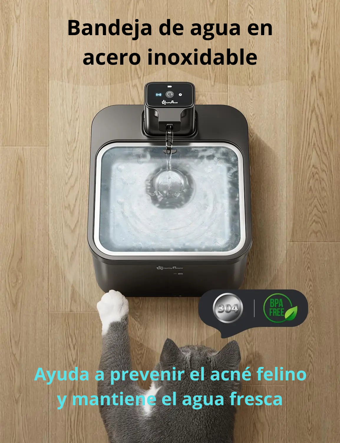 Downypaws Fuente De Agua Automática Para Gatos De Acero Inoxidable De 2,5 L, Bebedero Inalámbrico Para Mascotas De 4000 Mah, Batería Y Sensor, Dispensador 2 En 1